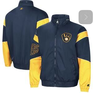 EUC Men's Large Milwaukee Brewers Starter Navy The Gust Hoodie Full-Zip Jacket
